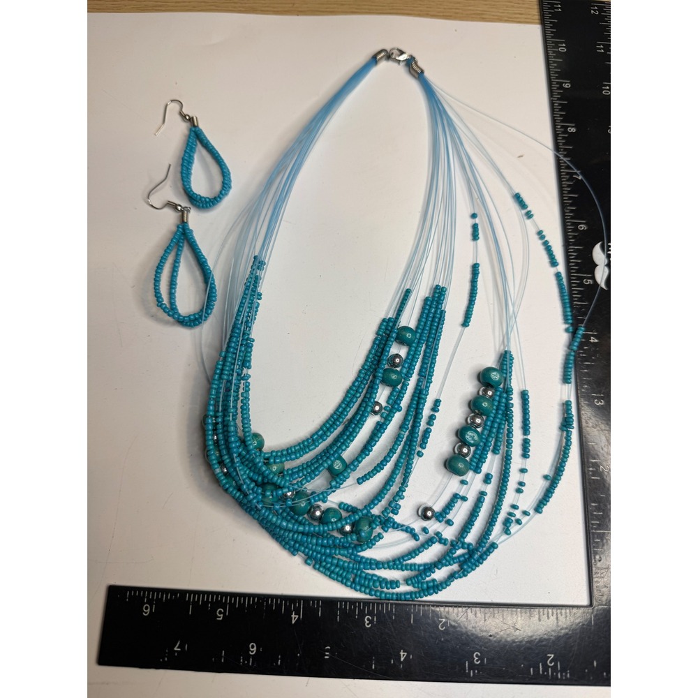 Turquoise Blue Multi Strand Seed Bead Necklace and Earring Set Boho Statement